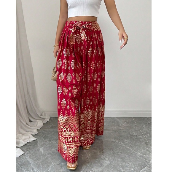 Boho Geo Print Stretchy Waist Wide Leg Pants - Picture 9 of 10